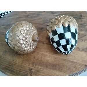 Set Of 2 6" Resin Acorns Black & White Checks Gold Hand Painted By Me